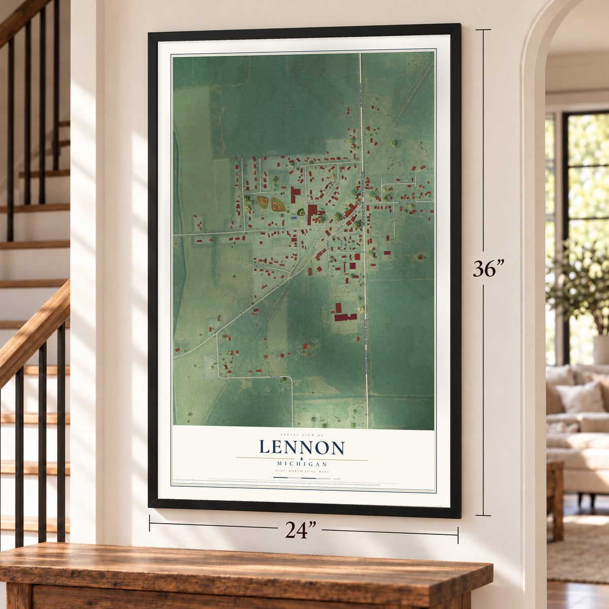 Lennon, Michigan map, 24 x 36 inch print in a black frame by a staircase