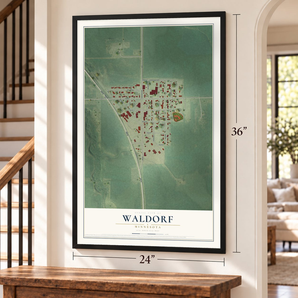 Waldorf, Minnesota map, 24 x 36 inch print in a black frame by a staircase