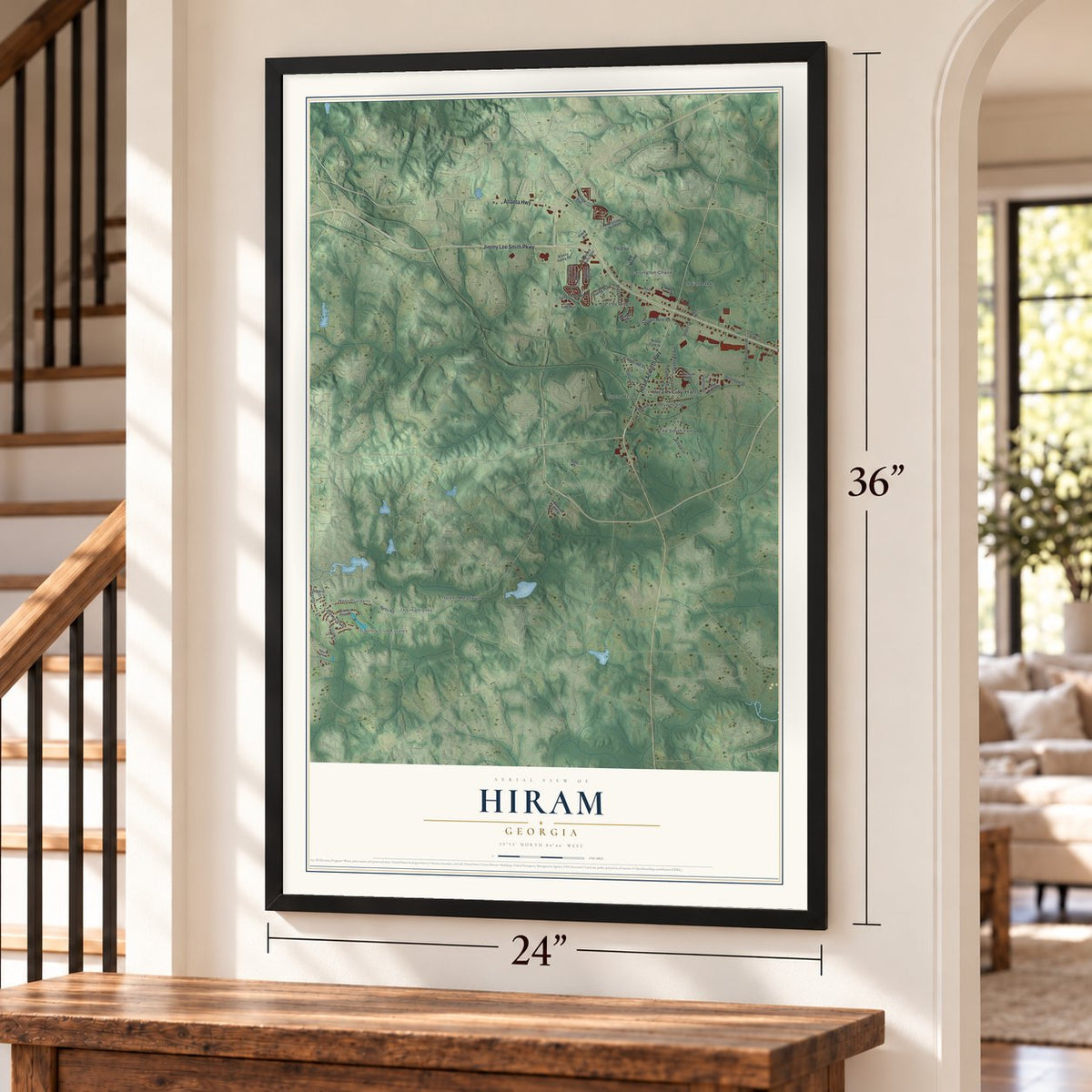 Hiram, Georgia map, 24 x 36 inch print in a black frame by a staircase