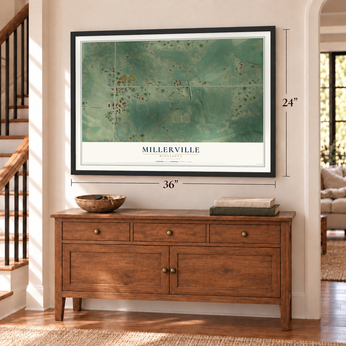 Millerville, Minnesota map, 24 x 36 inch print in a black frame above a dresser by a staircase