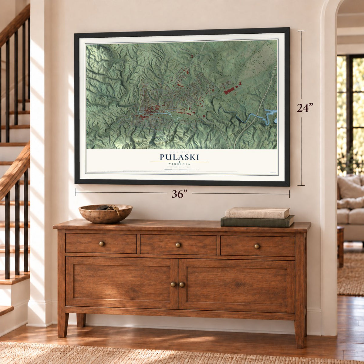 Pulaski, Virginia map, 24 x 36 inch print in a black frame above a dresser by a staircase