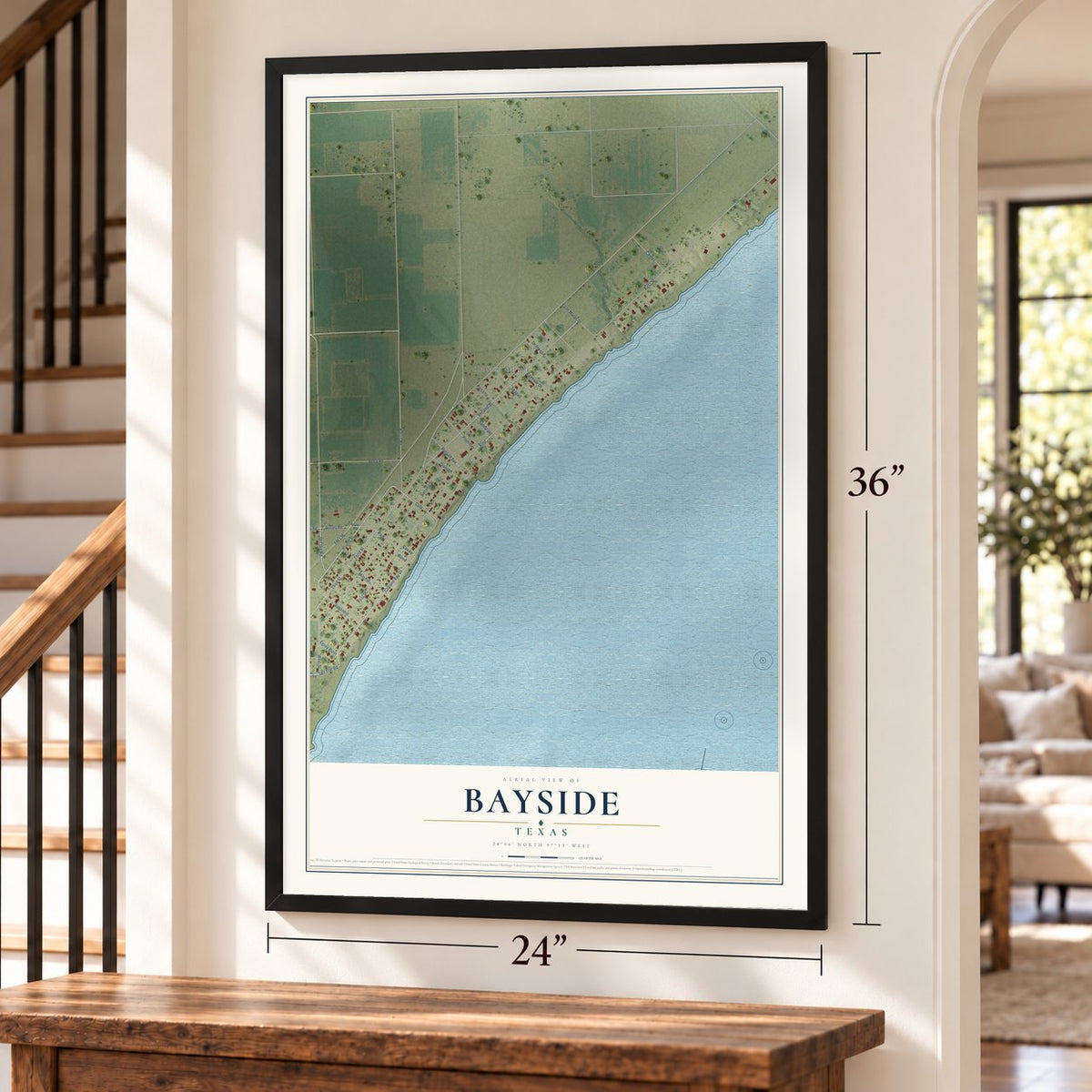 Bayside, Texas map, 24 x 36 inch print in a black frame by a staircase