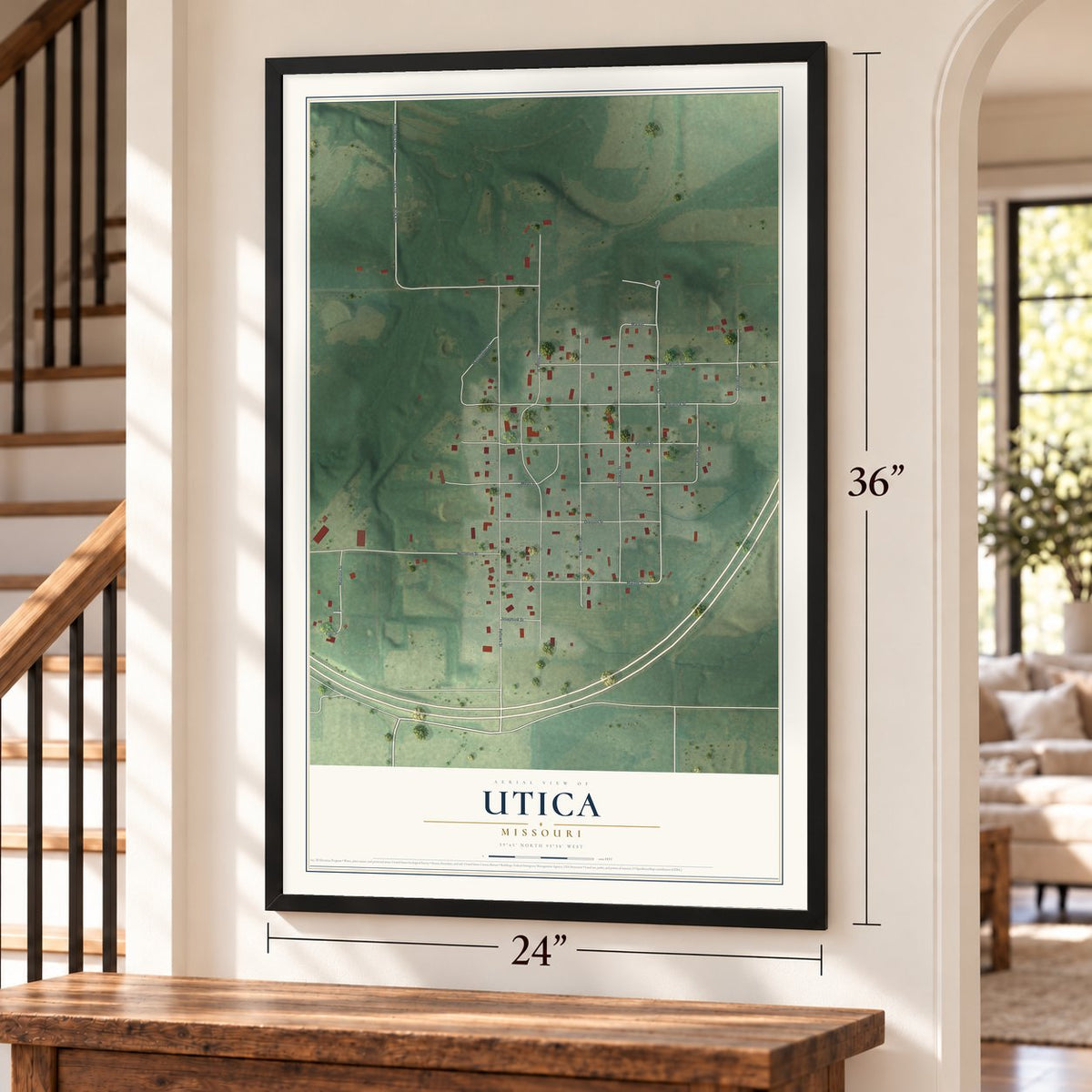 Utica, Missouri map, 24 x 36 inch print in a black frame by a staircase