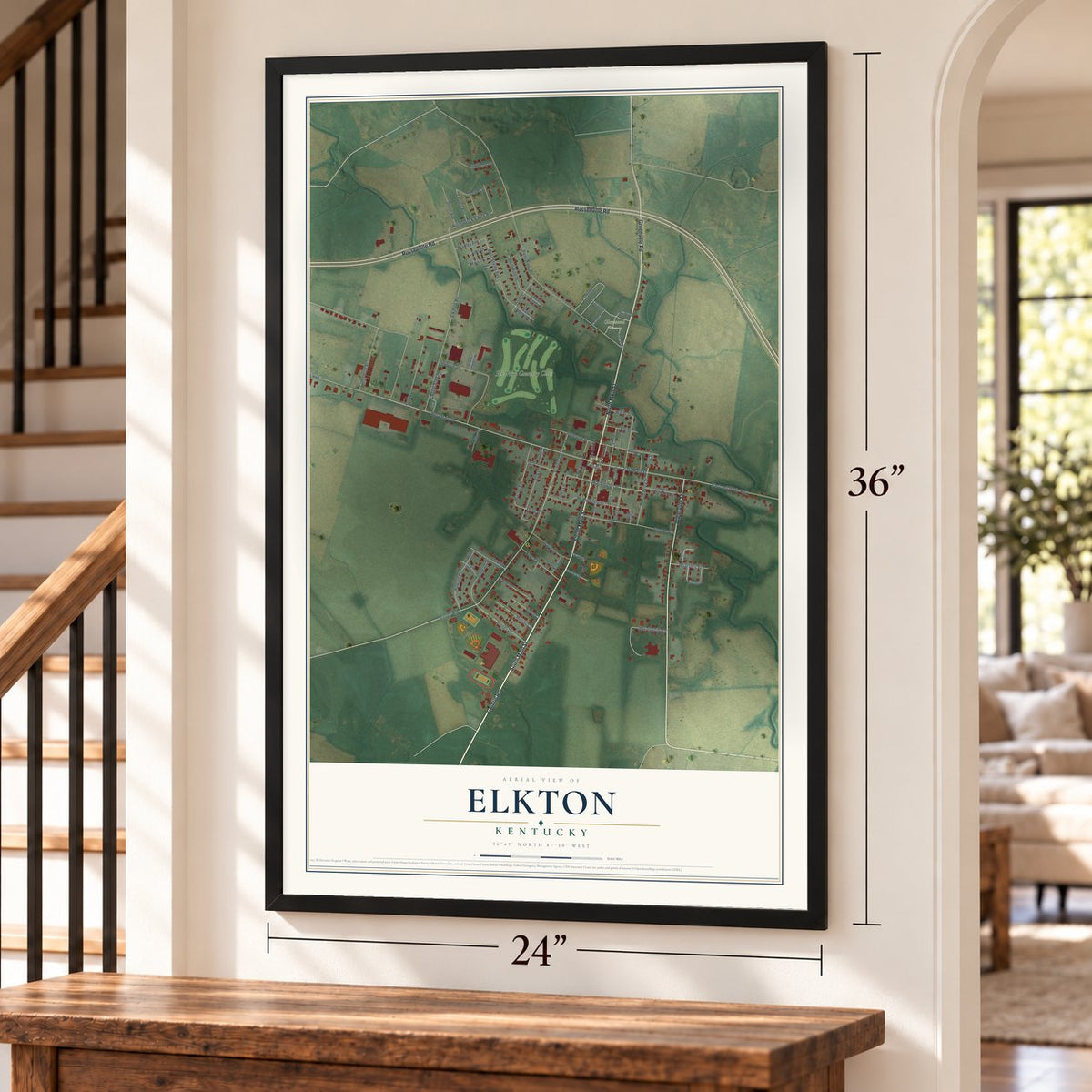 Elkton, Kentucky map, 24 x 36 inch print in a black frame by a staircase