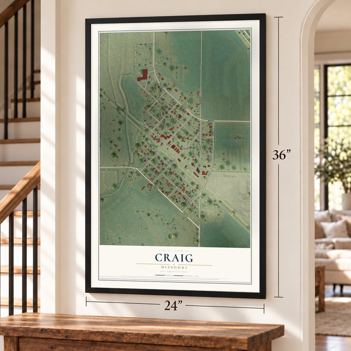 Craig, Missouri map, 24 x 36 inch print in a black frame by a staircase