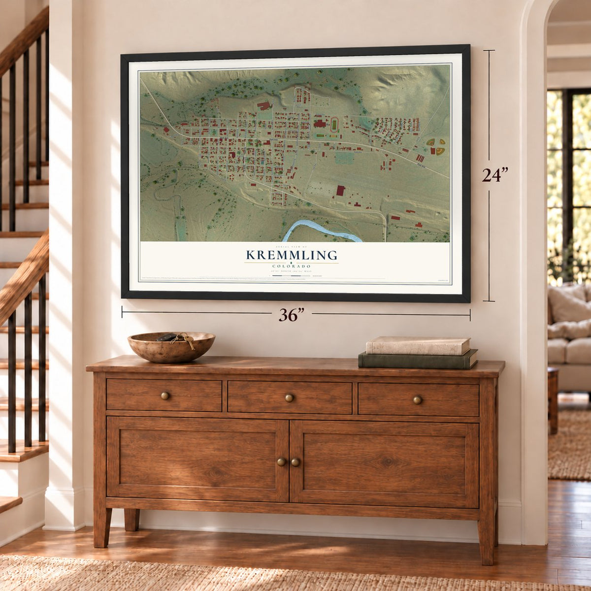 Kremmling, Colorado map, 24 x 36 inch print in a black frame above a dresser by a staircase