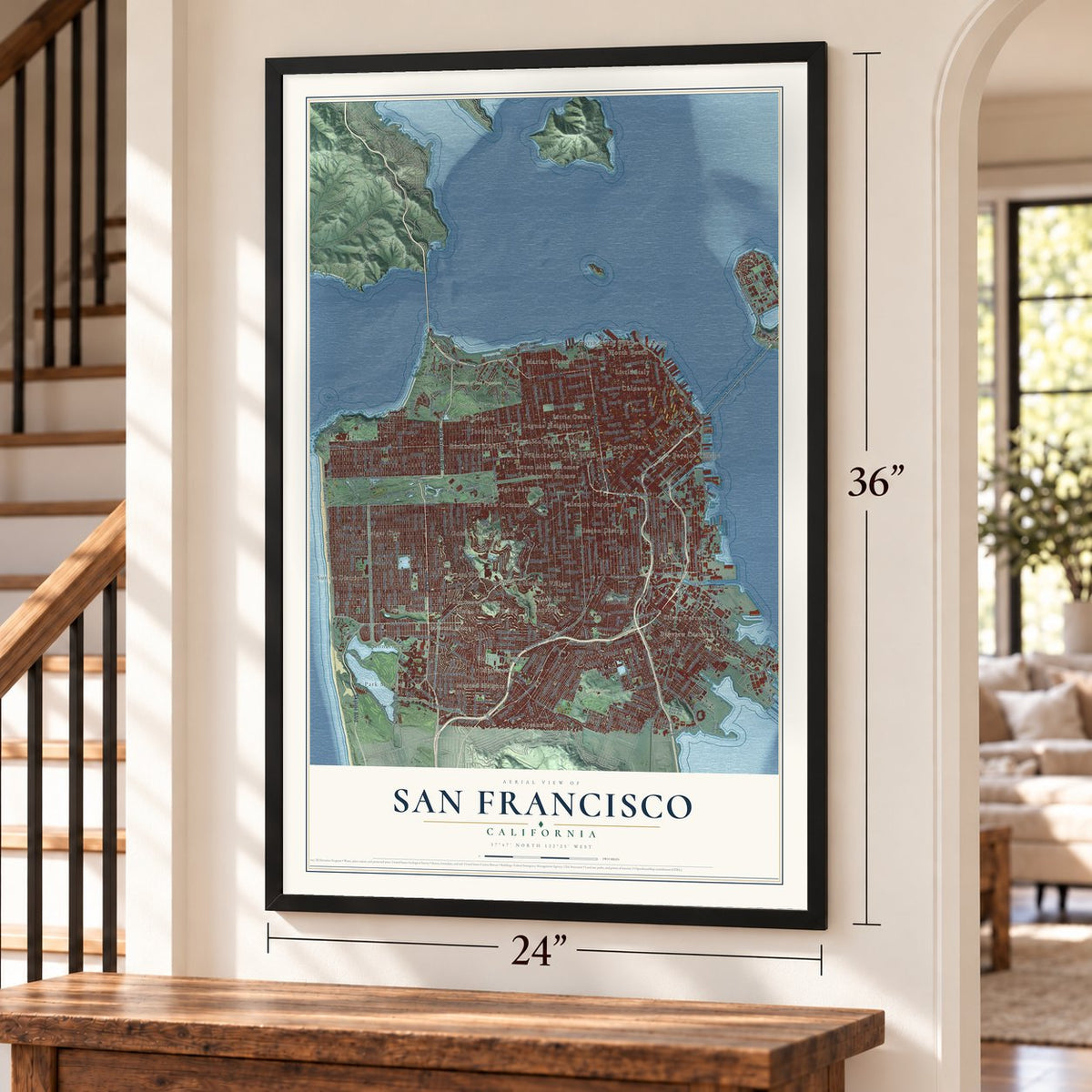 San Francisco, California map, 24 x 36 inch print in a black frame by a staircase