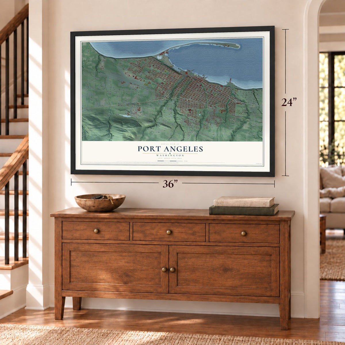 Port Angeles, Washington map, 24 x 36 inch print in a black frame above a dresser by a staircase