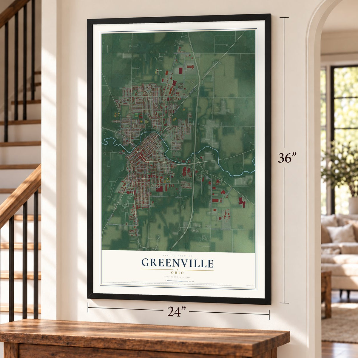 Greenville, Ohio map, 24 x 36 inch print in a black frame by a staircase