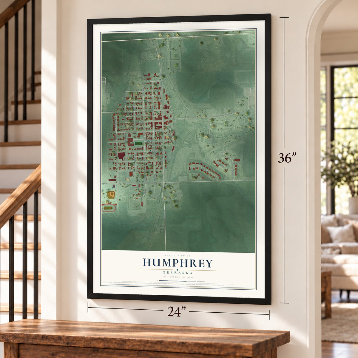 Humphrey, Nebraska map, 24 x 36 inch print in a black frame by a staircase