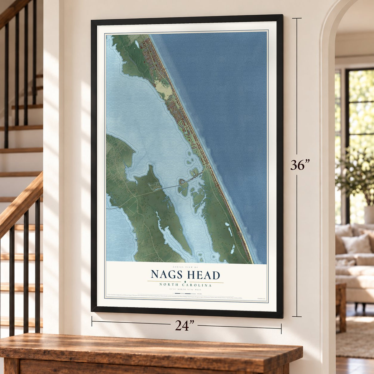 Nags Head, North Carolina map, 24 x 36 inch print in a black frame by a staircase