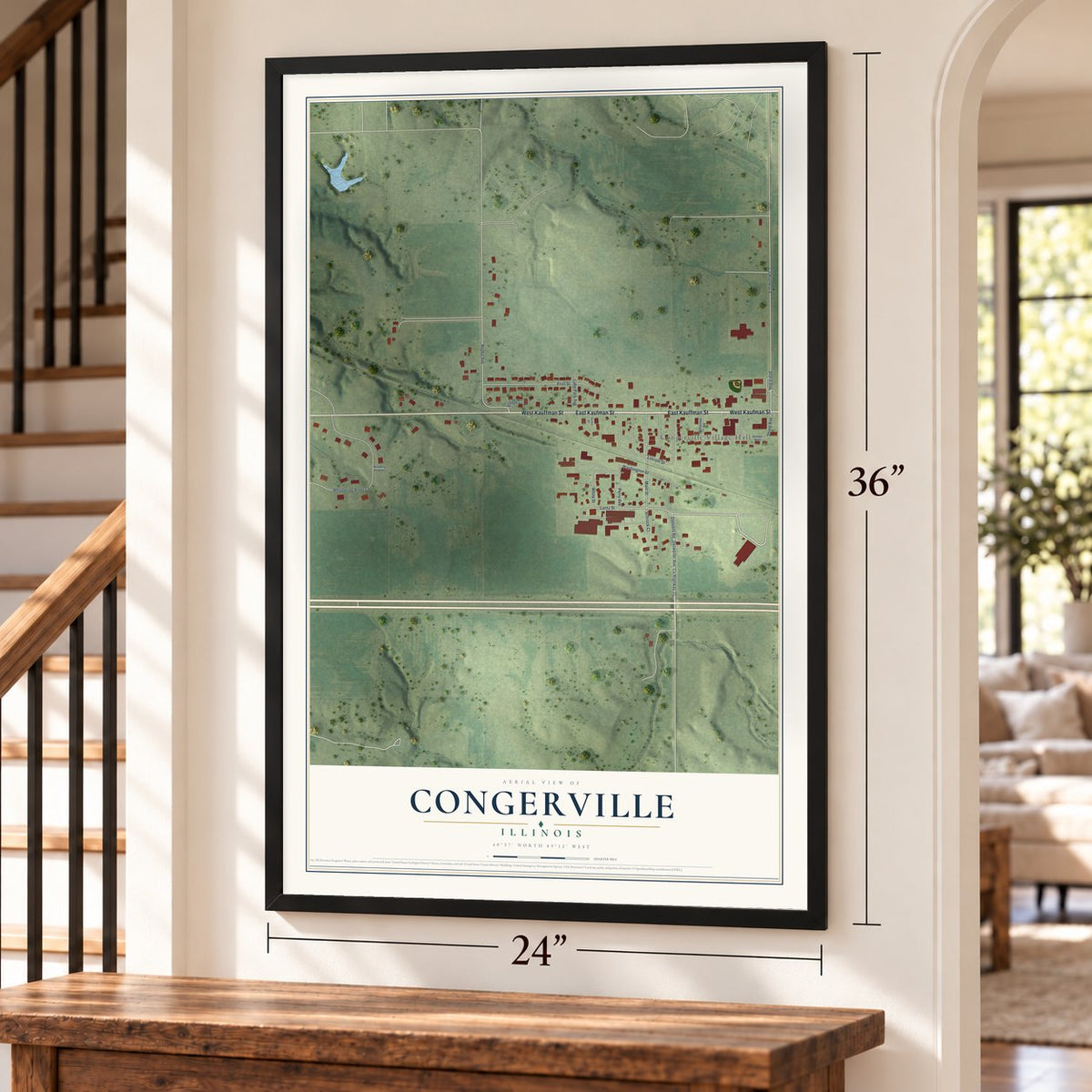 Congerville, Illinois map, 24 x 36 inch print in a black frame by a staircase