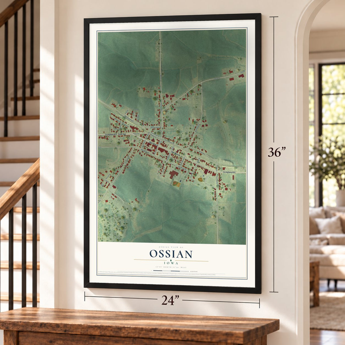Ossian, Iowa map, 24 x 36 inch print in a black frame by a staircase
