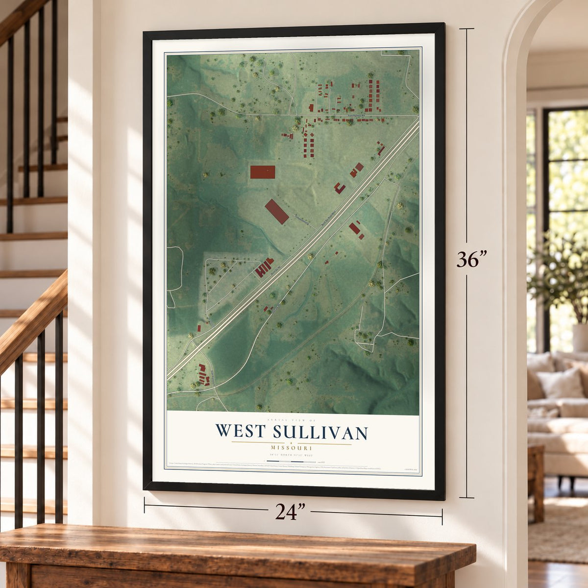 West Sullivan, Missouri map, 24 x 36 inch print in a black frame by a staircase