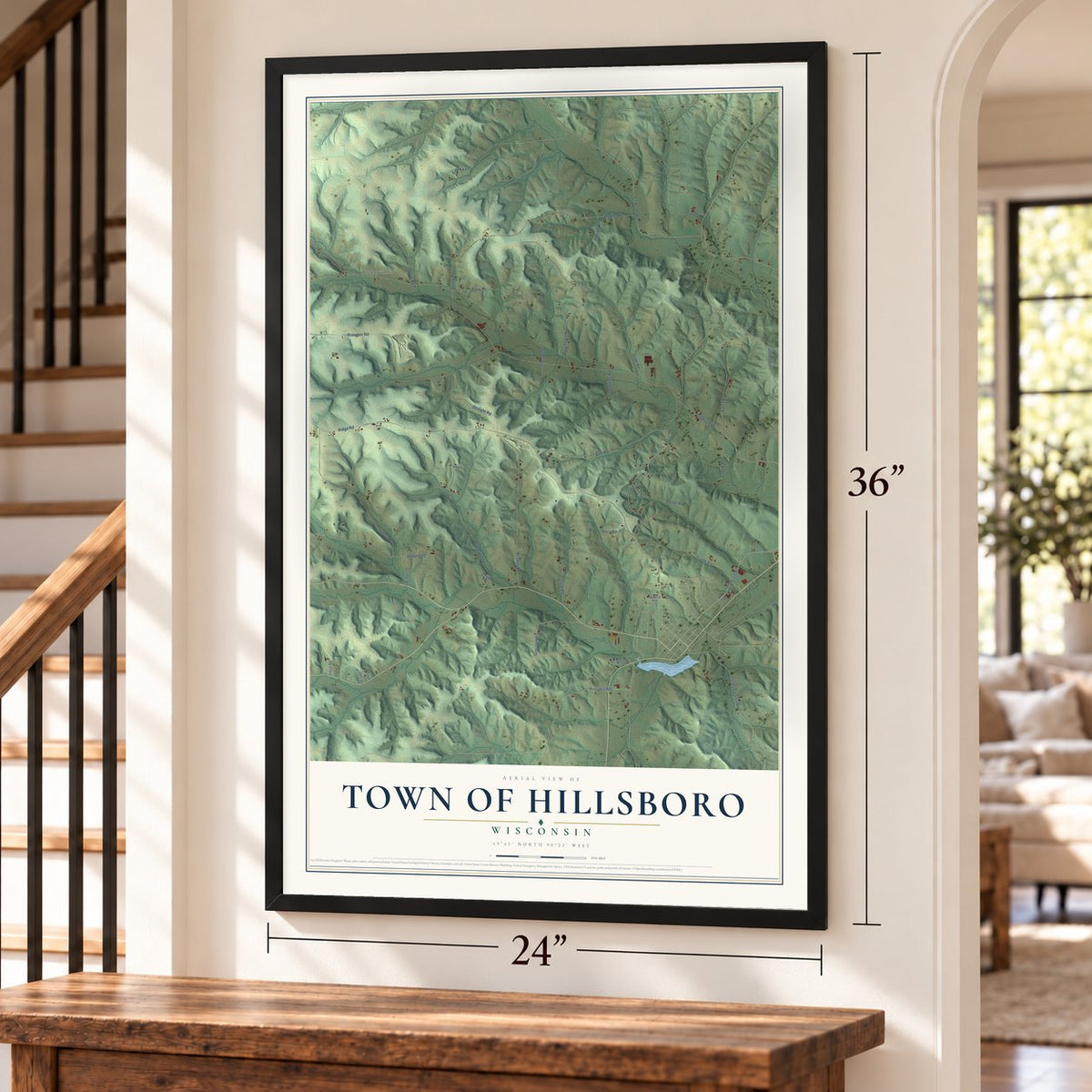Town of Hillsboro, Wisconsin map, 24 x 36 inch print in a black frame by a staircase