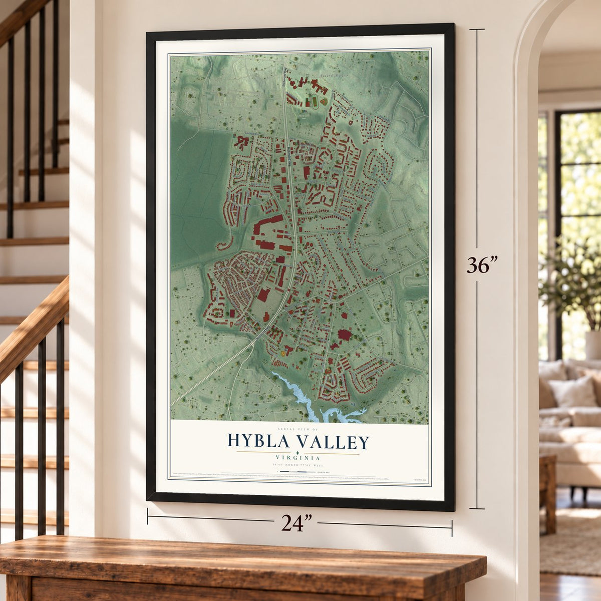 Hybla Valley, Virginia map, 24 x 36 inch print in a black frame by a staircase