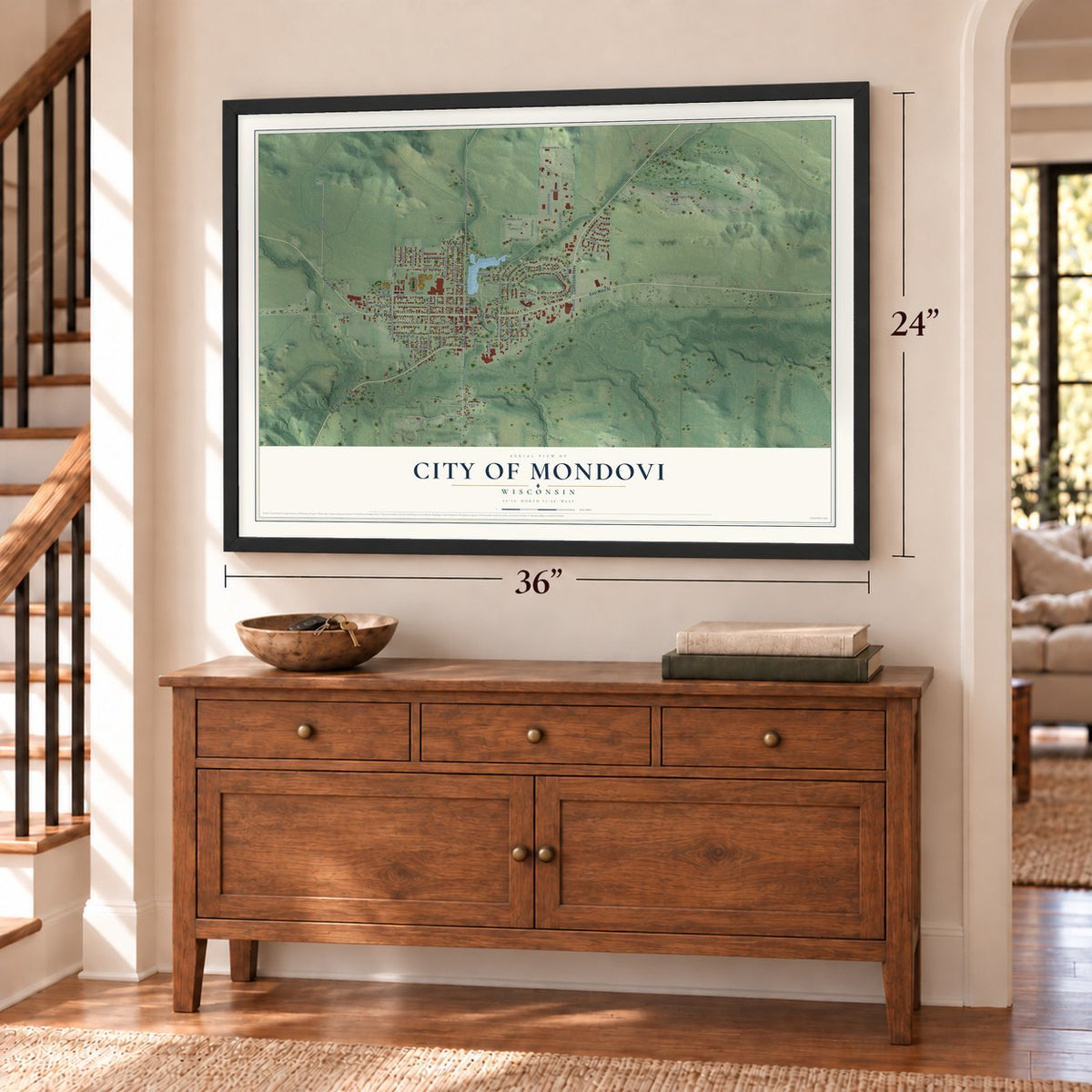 Mondovi, Wisconsin map, 24 x 36 inch print in a black frame above a dresser by a staircase