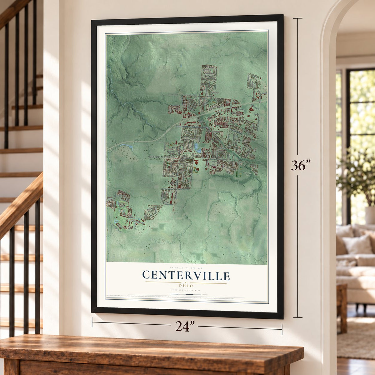 Centerville, Ohio map, 24 x 36 inch print in a black frame by a staircase