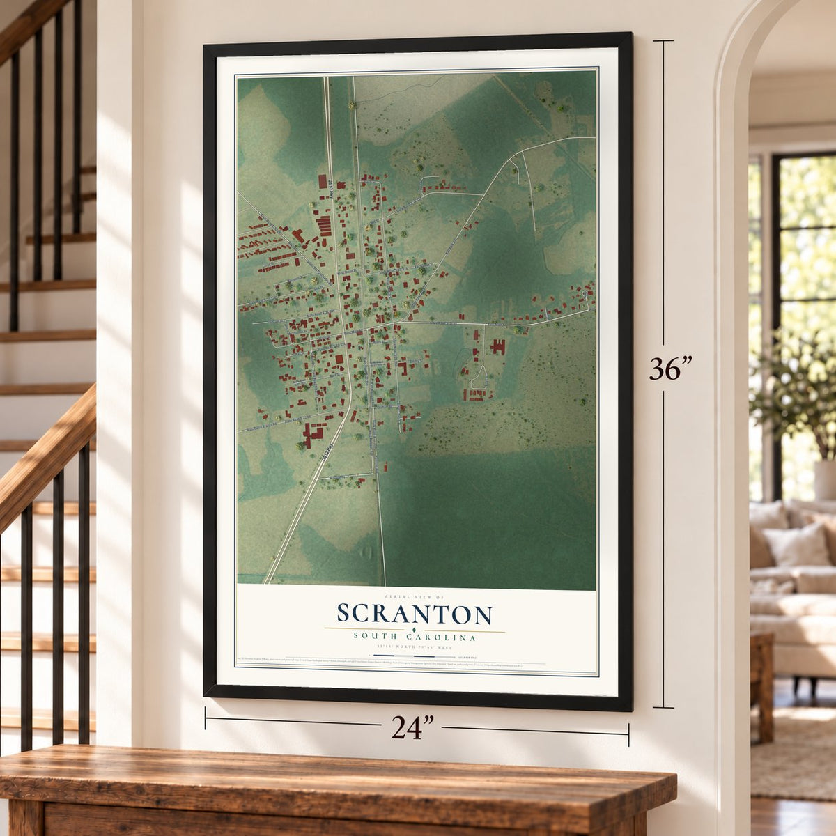 Scranton, South Carolina map, 24 x 36 inch print in a black frame by a staircase