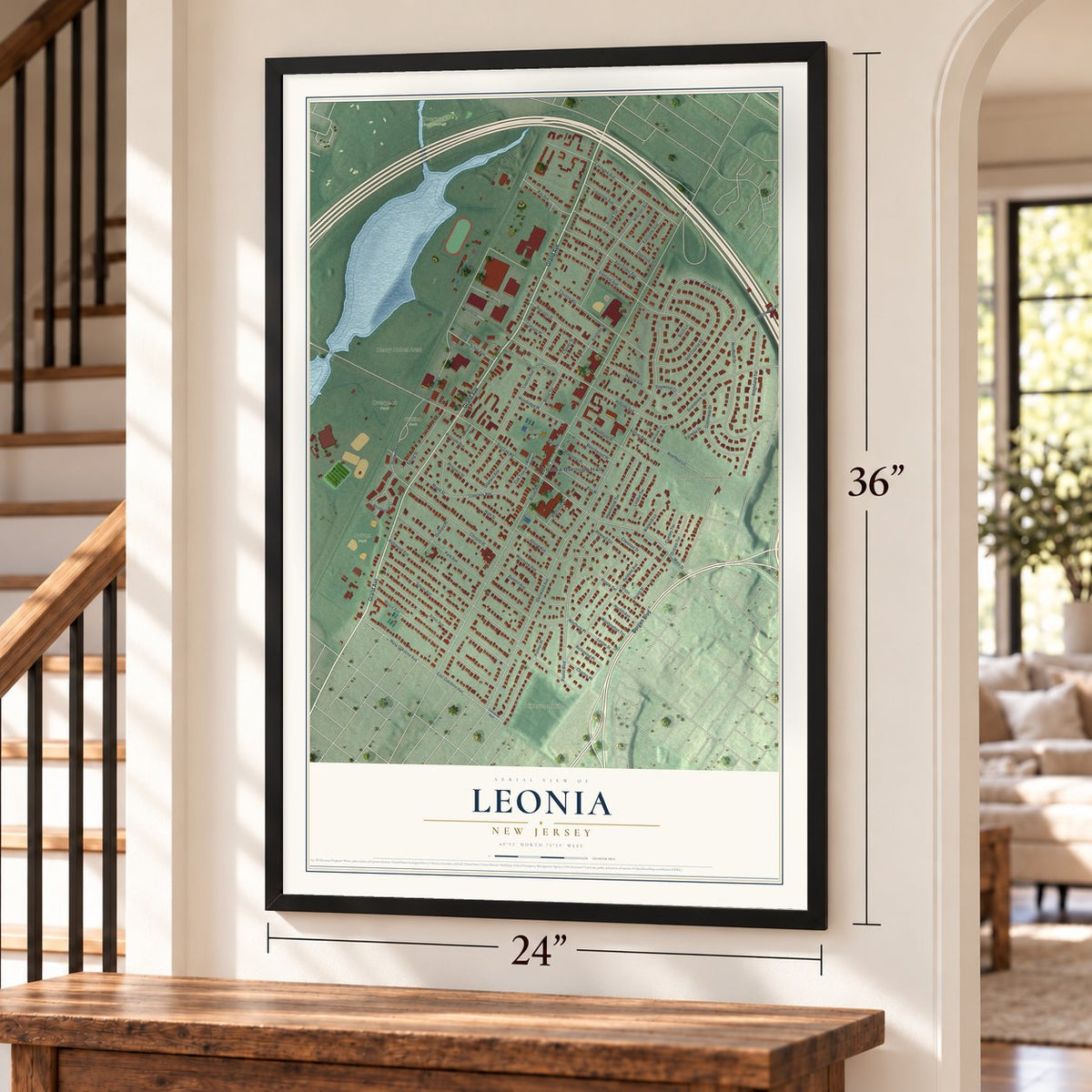Leonia, New Jersey map, 24 x 36 inch print in a black frame by a staircase