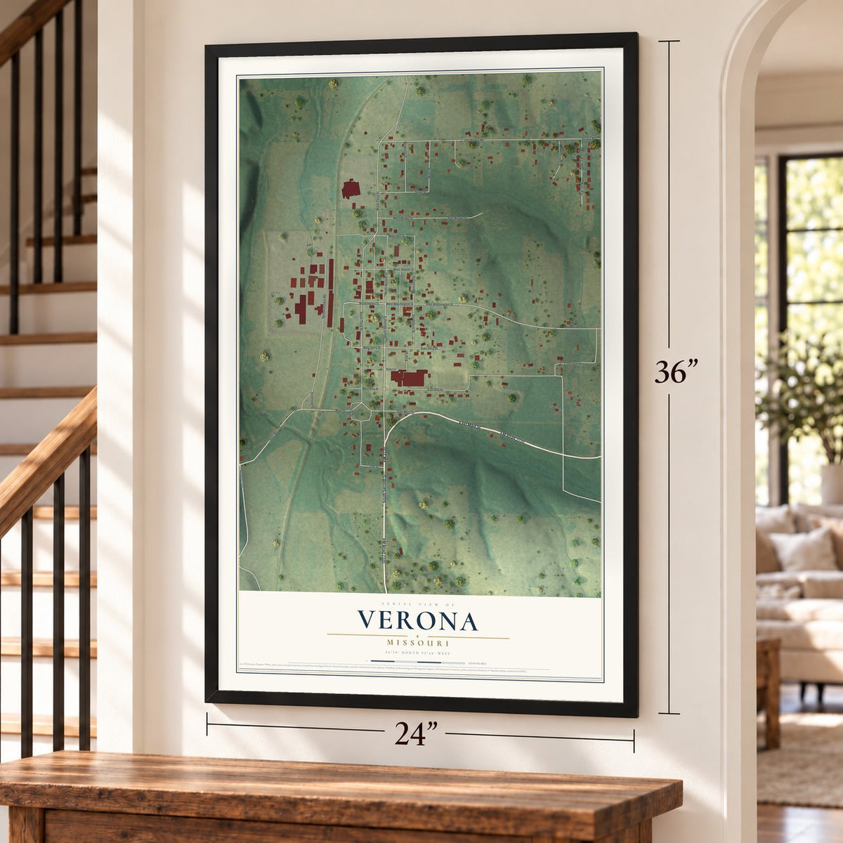 Verona, Missouri map, 24 x 36 inch print in a black frame by a staircase