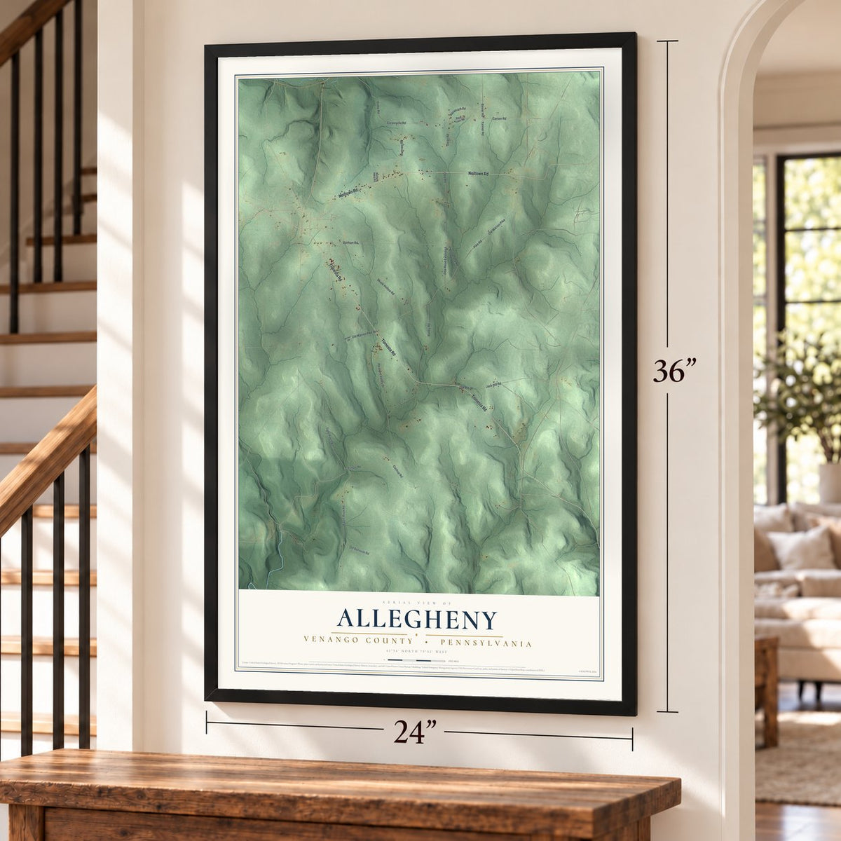 Allegheny, Venango County, Pennsylvania map, 24 x 36 inch print in a black frame by a staircase