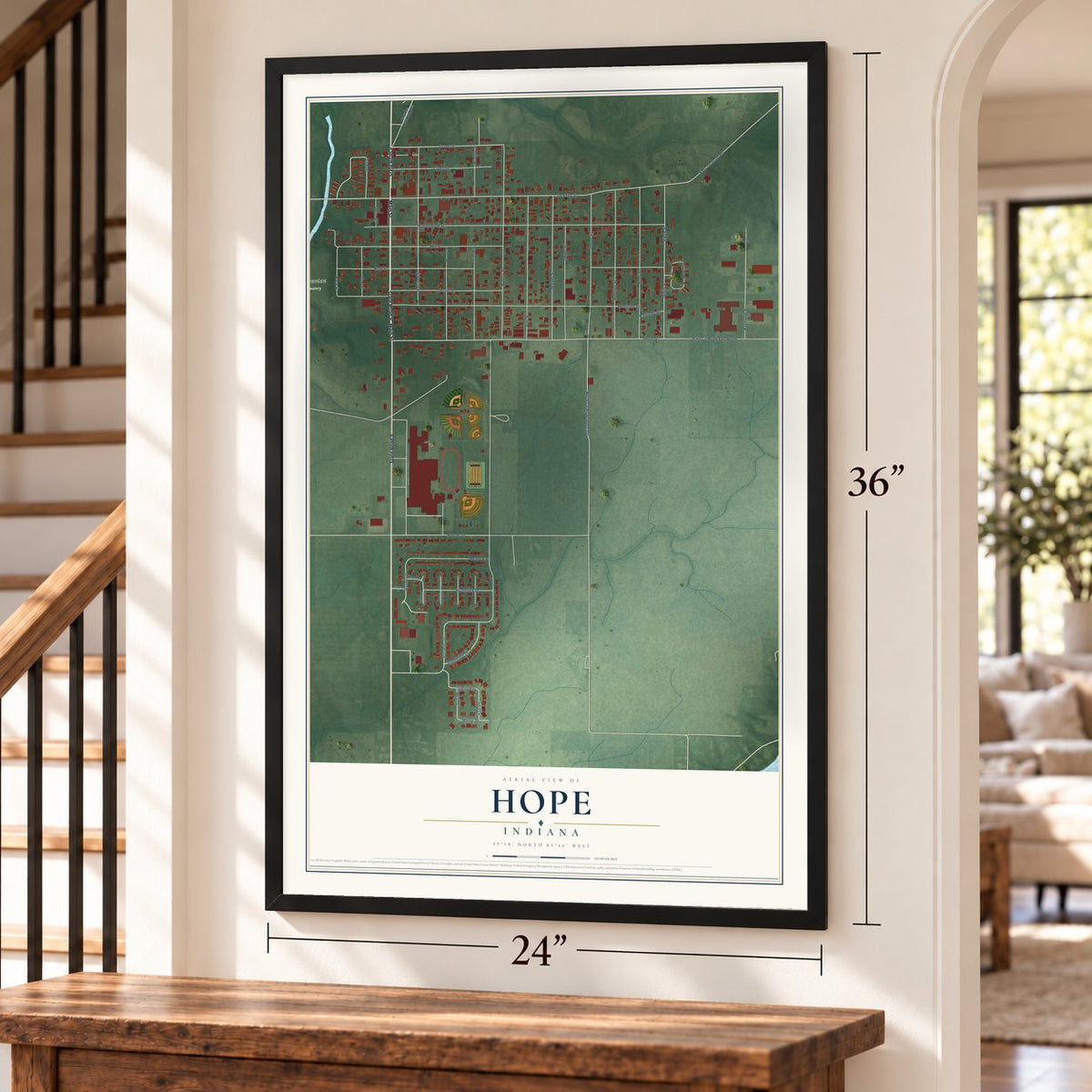 Hope, Indiana map, 24 x 36 inch print in a black frame by a staircase