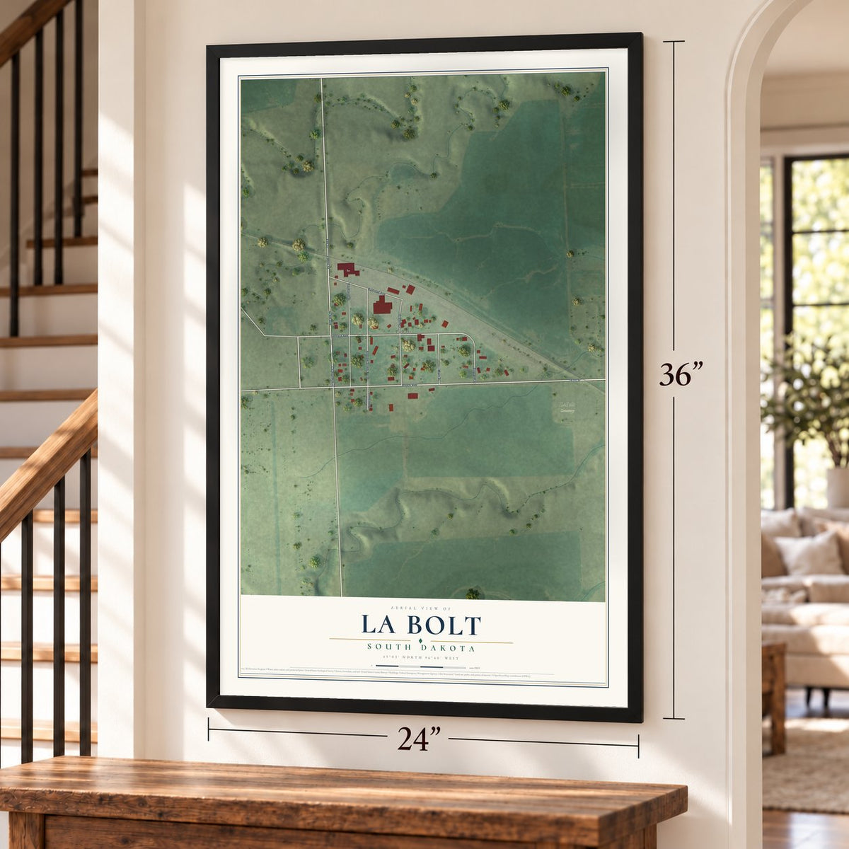 La Bolt, South Dakota map, 24 x 36 inch print in a black frame by a staircase
