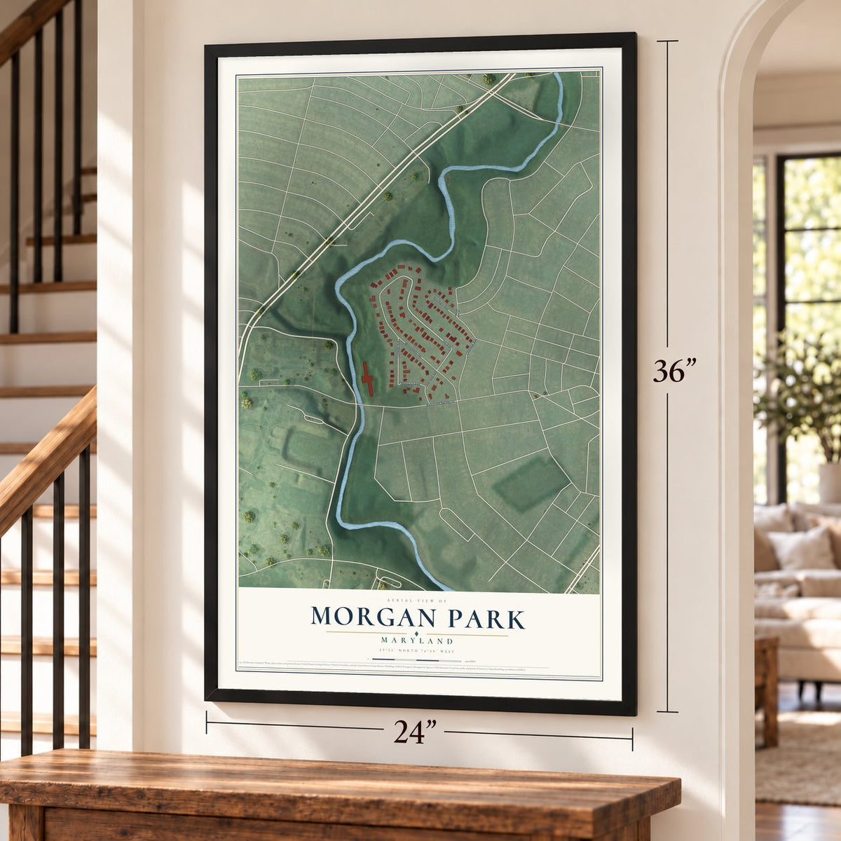 Morgan Park, Maryland map, 24 x 36 inch print in a black frame by a staircase