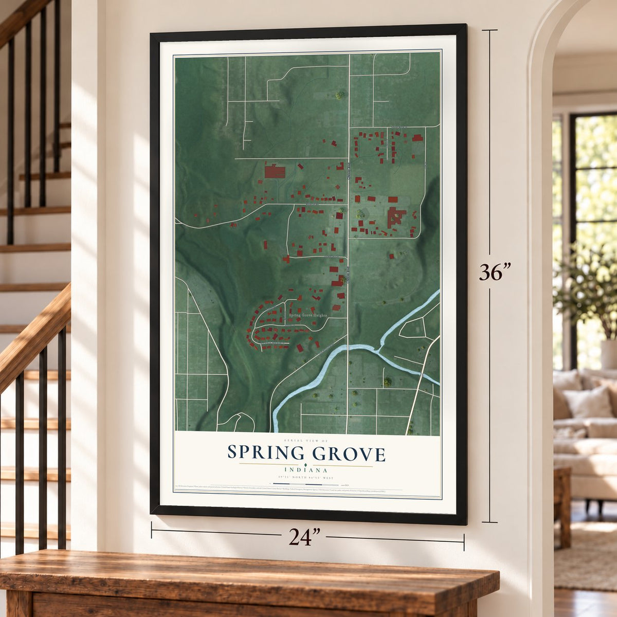 Spring Grove, Indiana map, 24 x 36 inch print in a black frame by a staircase