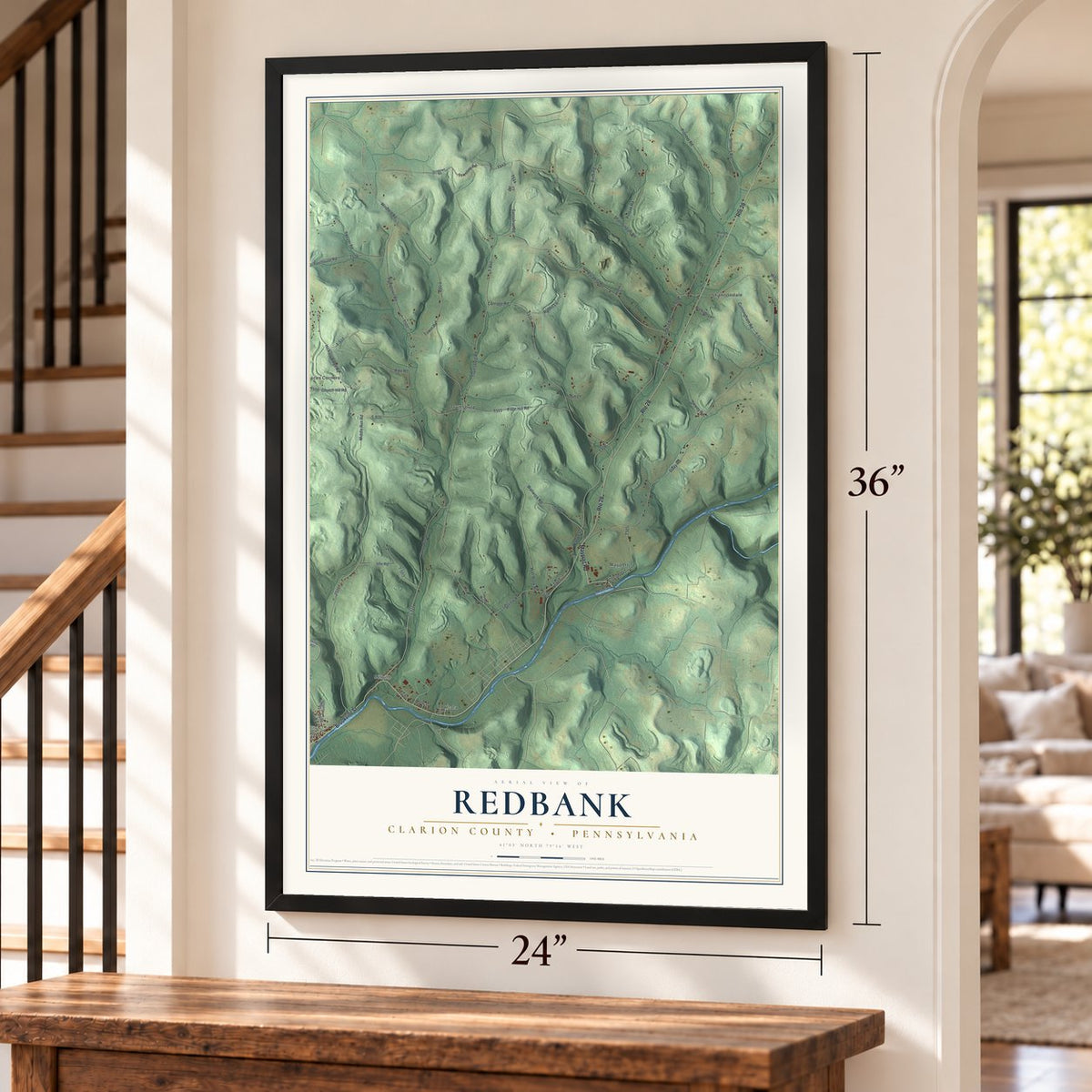 Redbank, Clarion County, Pennsylvania map, 24 x 36 inch print in a black frame by a staircase