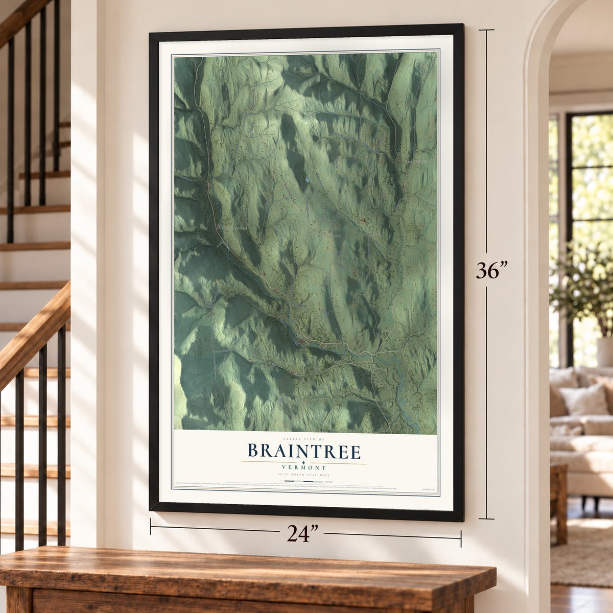 Braintree, Vermont map, 24 x 36 inch print in a black frame by a staircase