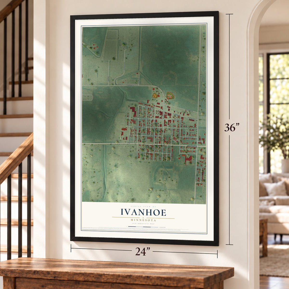 Ivanhoe, Minnesota map, 24 x 36 inch print in a black frame by a staircase