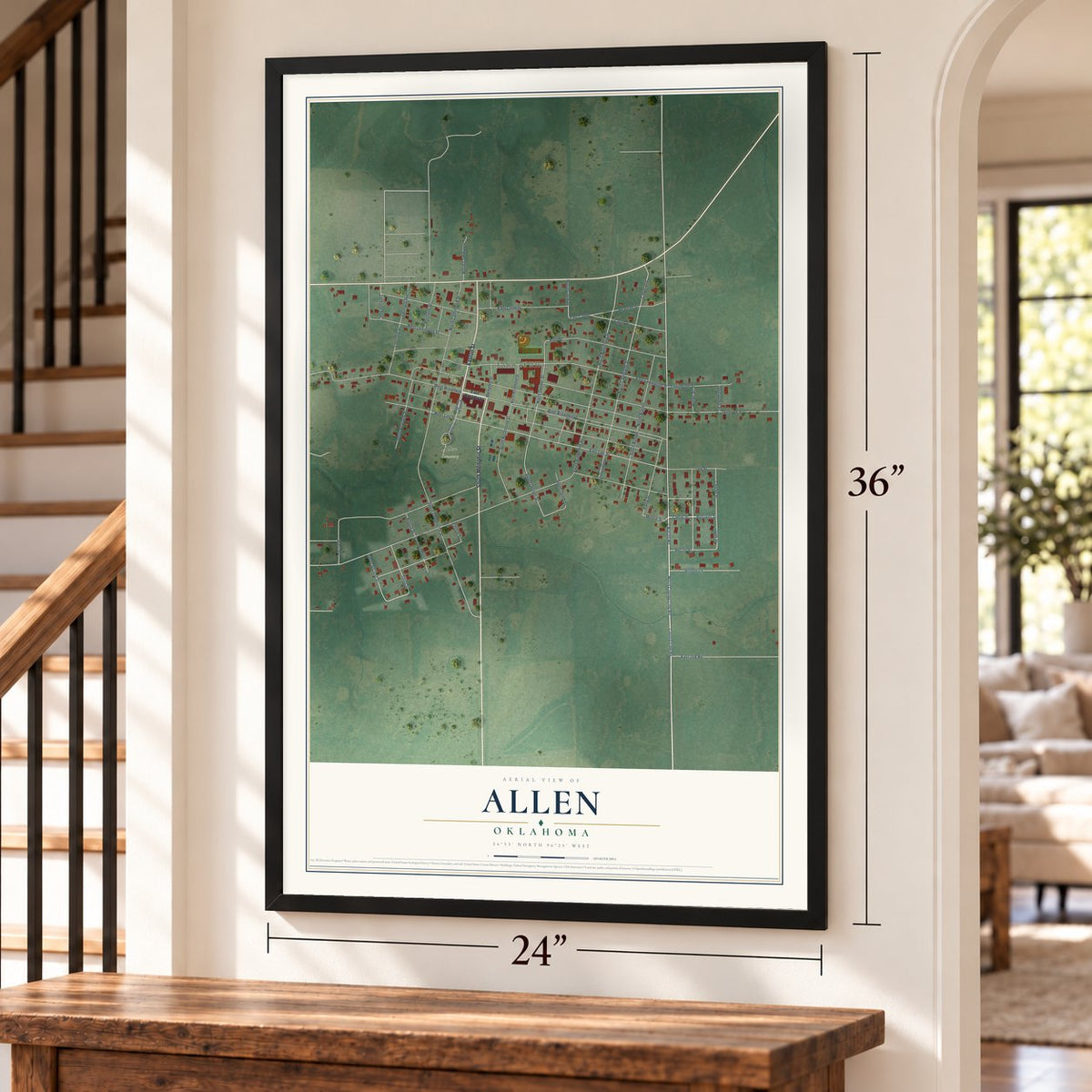 Allen, Oklahoma map, 24 x 36 inch print in a black frame by a staircase