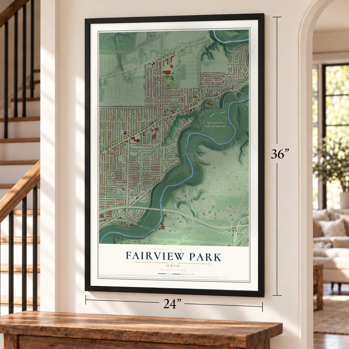 Fairview Park, Ohio map, 24 x 36 inch print in a black frame by a staircase