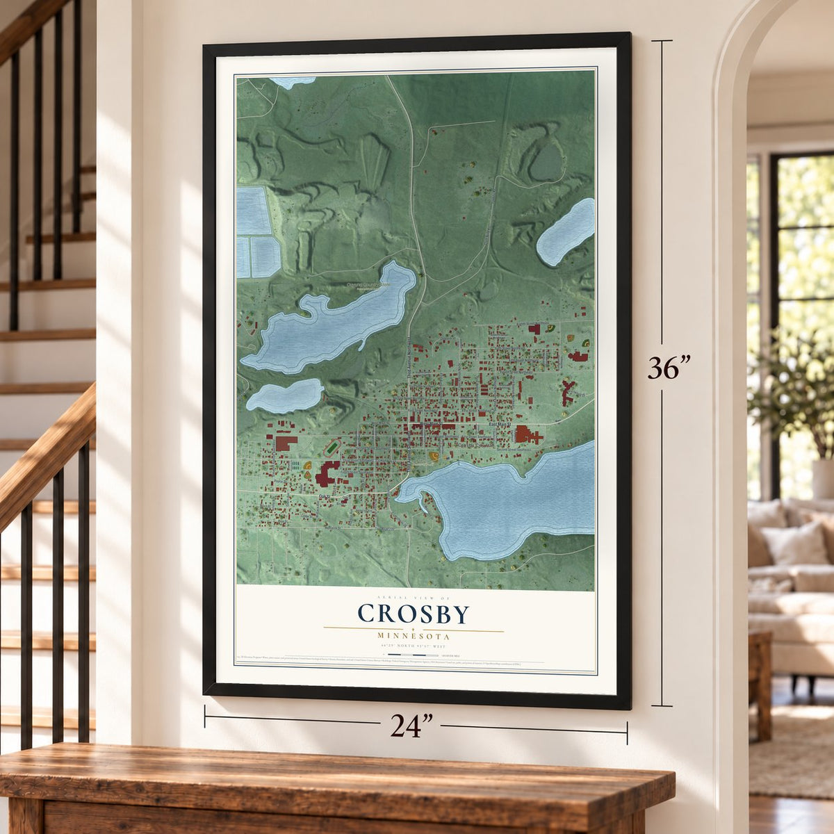 Crosby, Minnesota map, 24 x 36 inch print in a black frame by a staircase