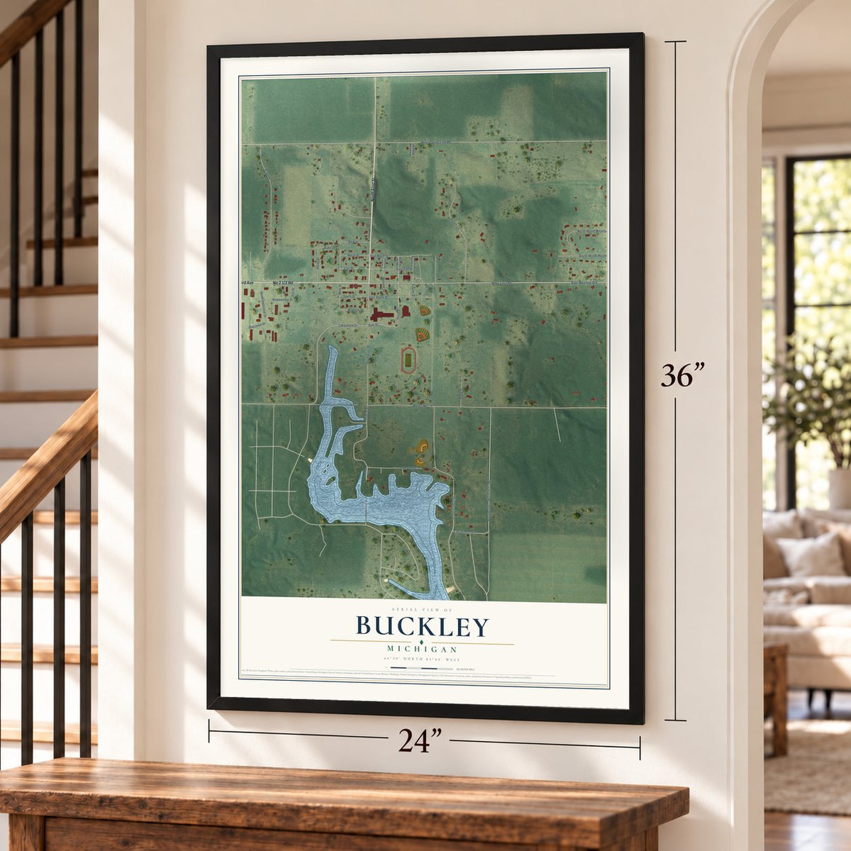 Buckley, Michigan map, 24 x 36 inch print in a black frame by a staircase