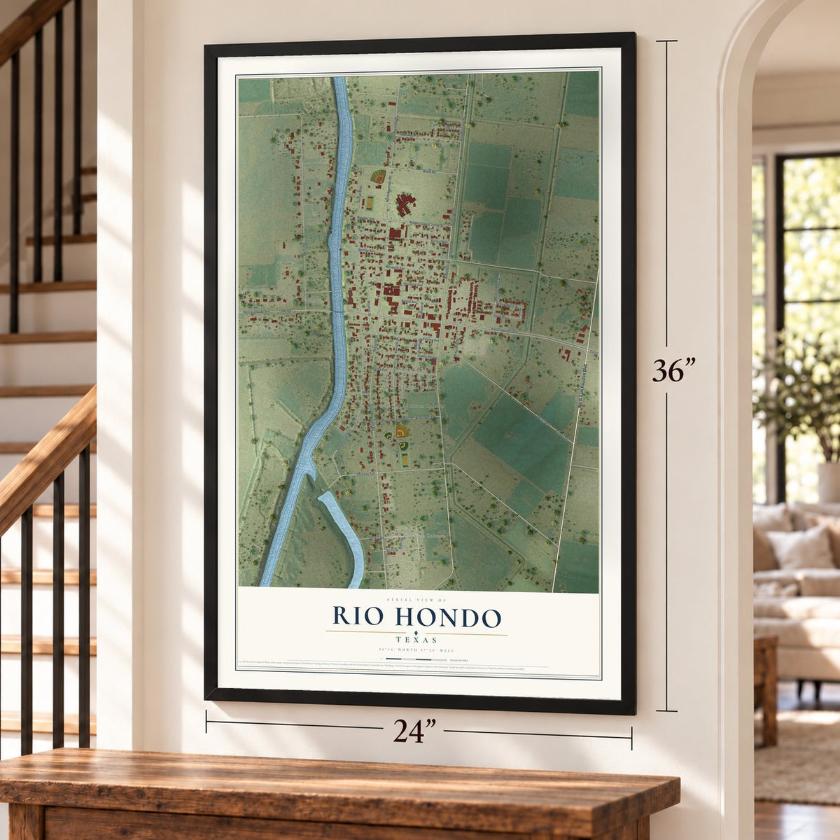 Rio Hondo, Texas map, 24 x 36 inch print in a black frame by a staircase