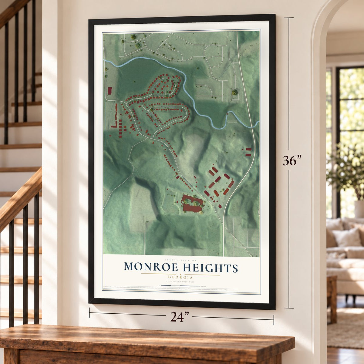 Monroe Heights, Georgia map, 24 x 36 inch print in a black frame by a staircase