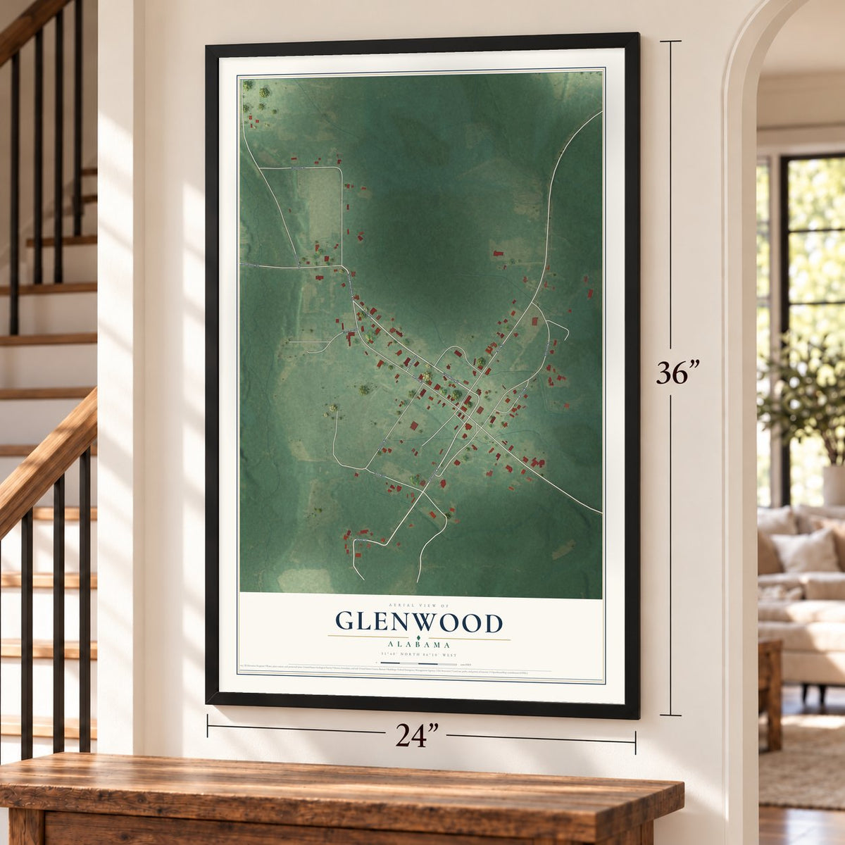 Glenwood, Alabama map, 24 x 36 inch print in a black frame by a staircase