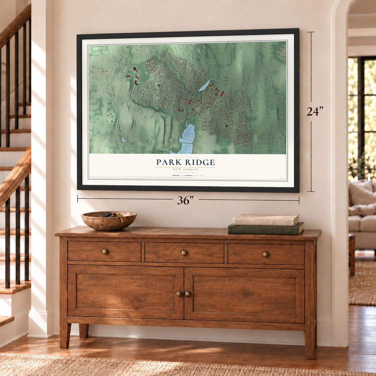 Park Ridge, New Jersey map, 24 x 36 inch print in a black frame above a dresser by a staircase