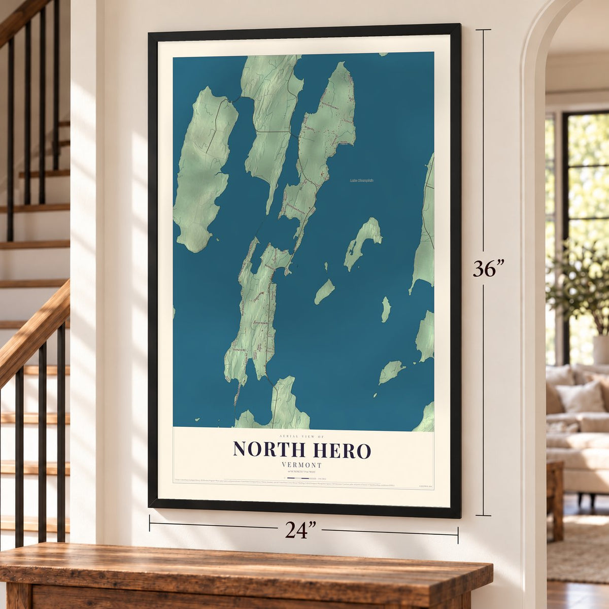 North Hero, Vermont map, 24 x 36 inch print in a black frame by a staircase