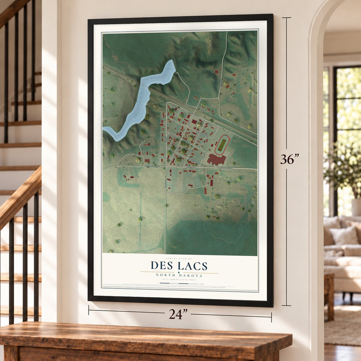 Des Lacs, North Dakota map, 24 x 36 inch print in a black frame by a staircase