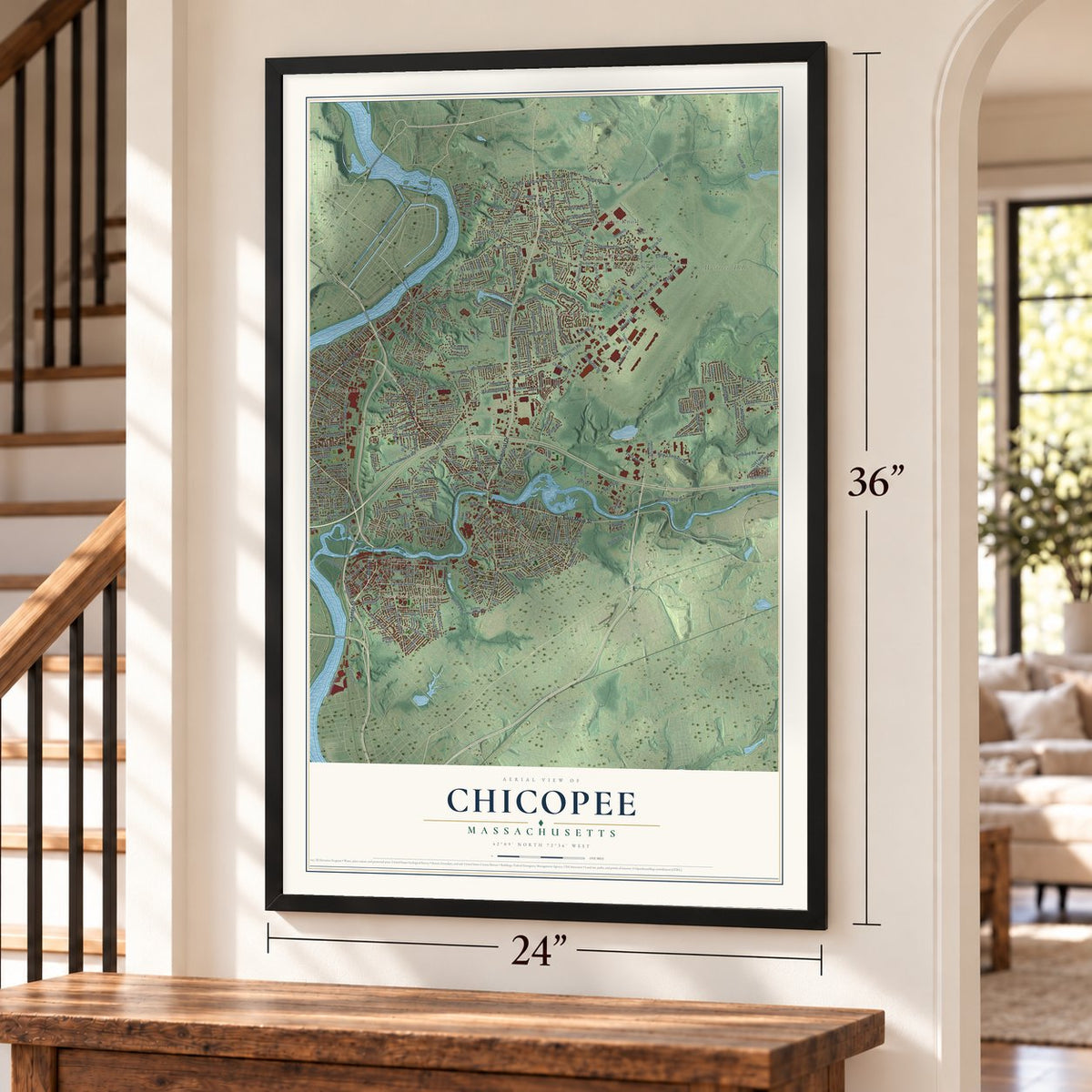 Chicopee, Massachusetts map, 24 x 36 inch print in a black frame by a staircase