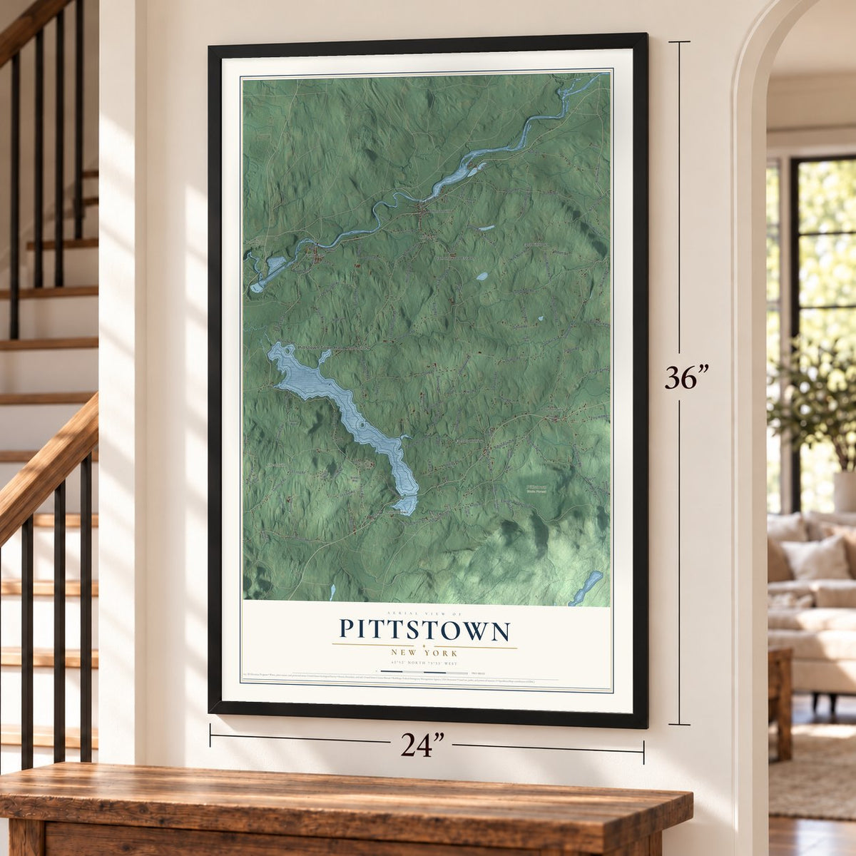 Pittstown, New York map, 24 x 36 inch print in a black frame by a staircase
