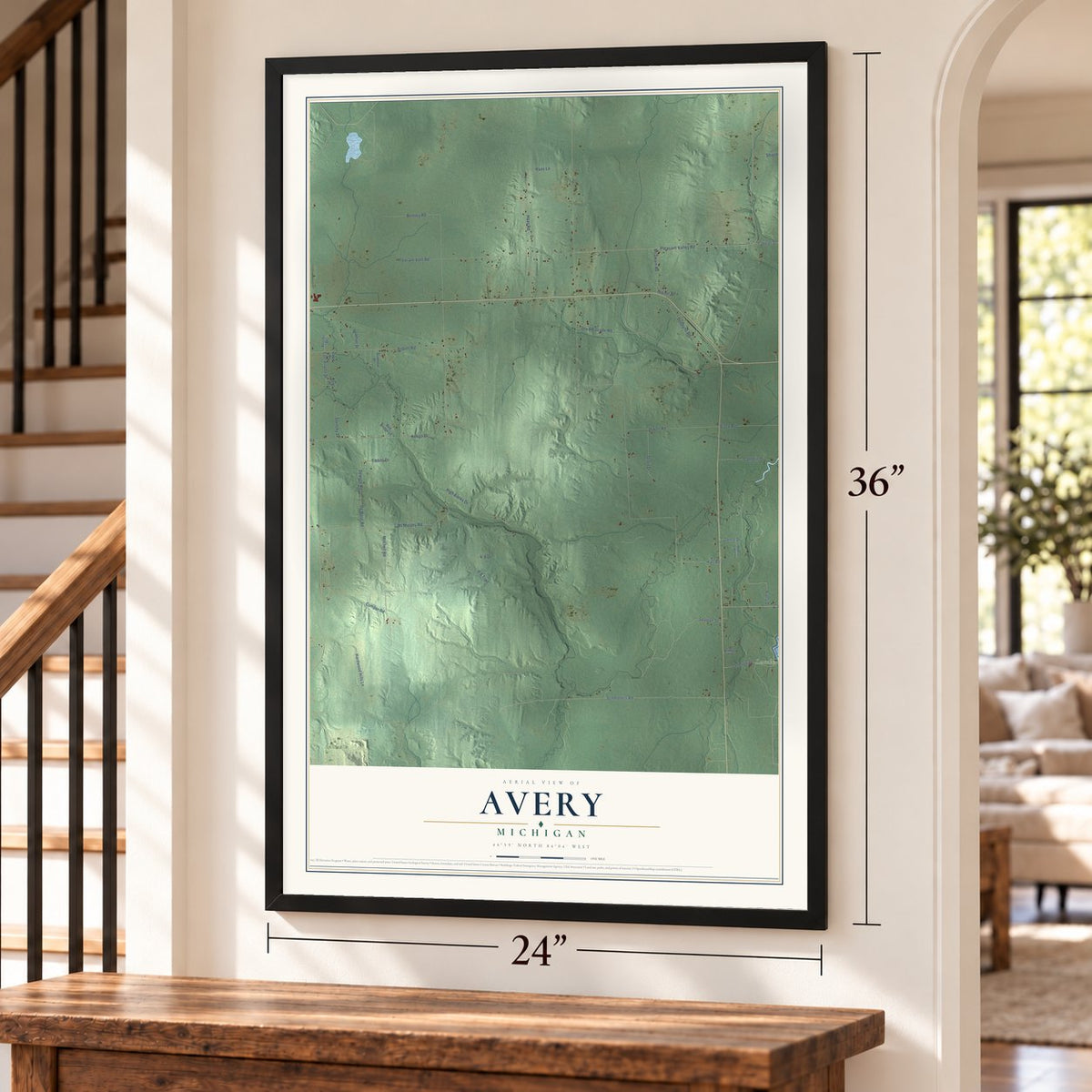 Avery, Michigan map, 24 x 36 inch print in a black frame by a staircase