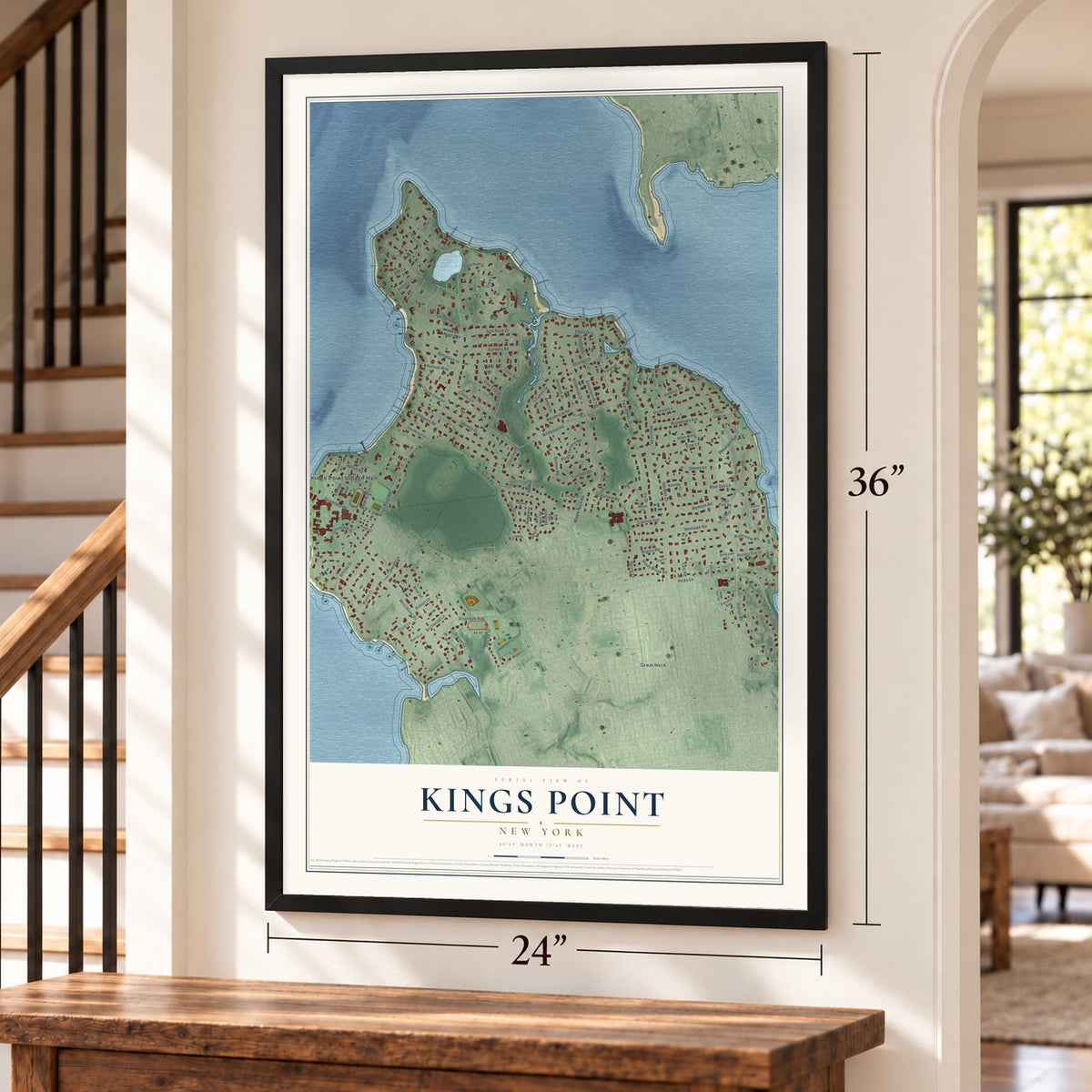 Kings Point, New York map, 24 x 36 inch print in a black frame by a staircase