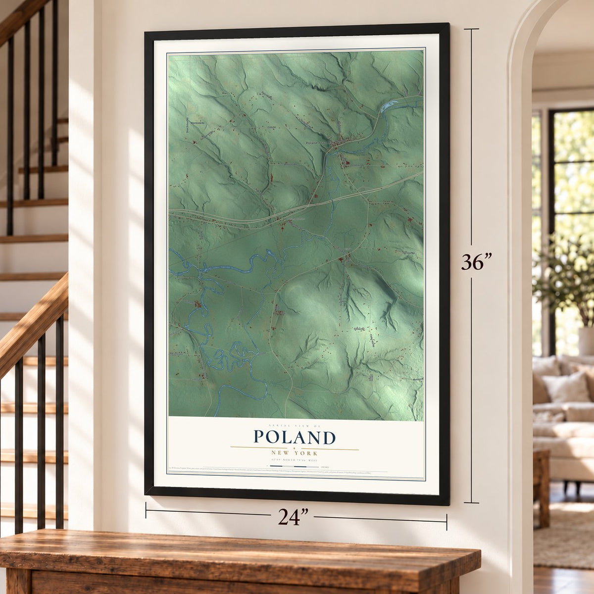 Poland, New York map, 24 x 36 inch print in a black frame by a staircase