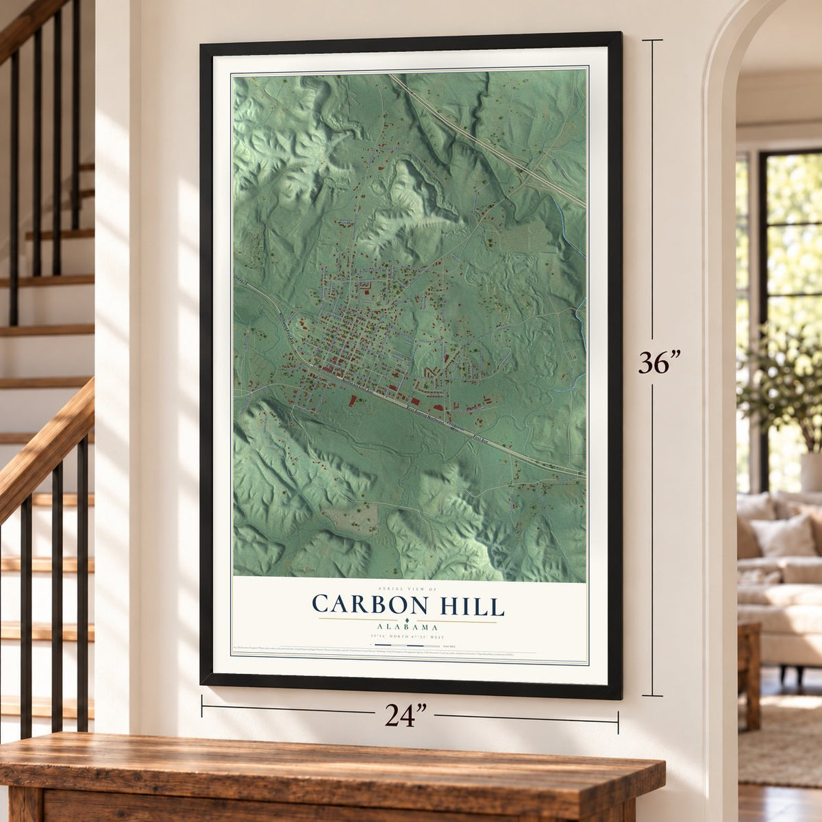 Carbon Hill, Alabama map, 24 x 36 inch print in a black frame by a staircase