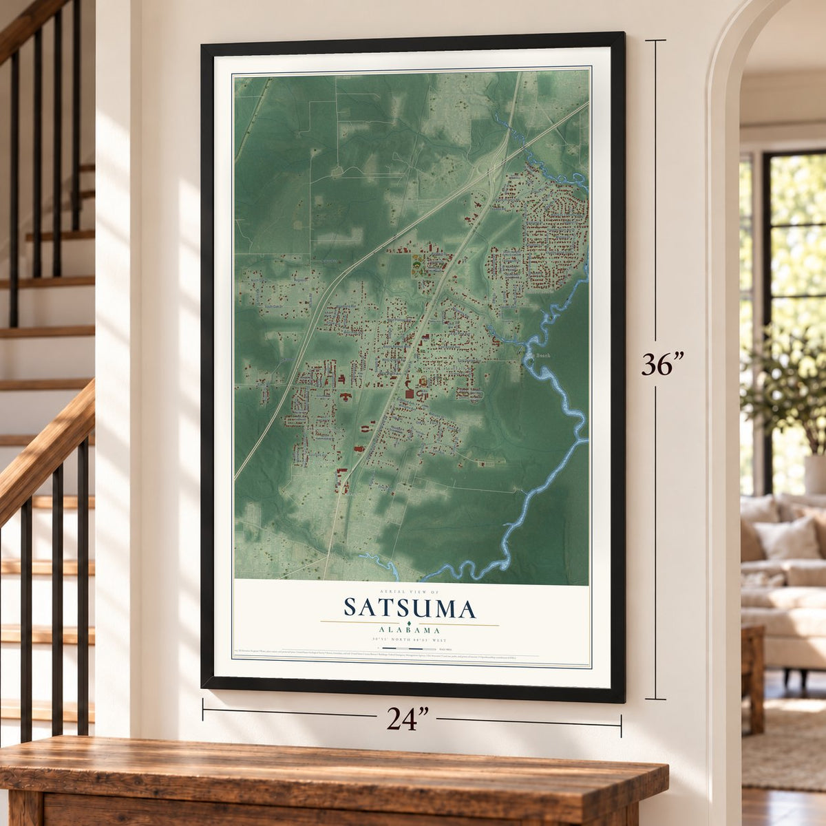 Satsuma, Alabama map, 24 x 36 inch print in a black frame by a staircase